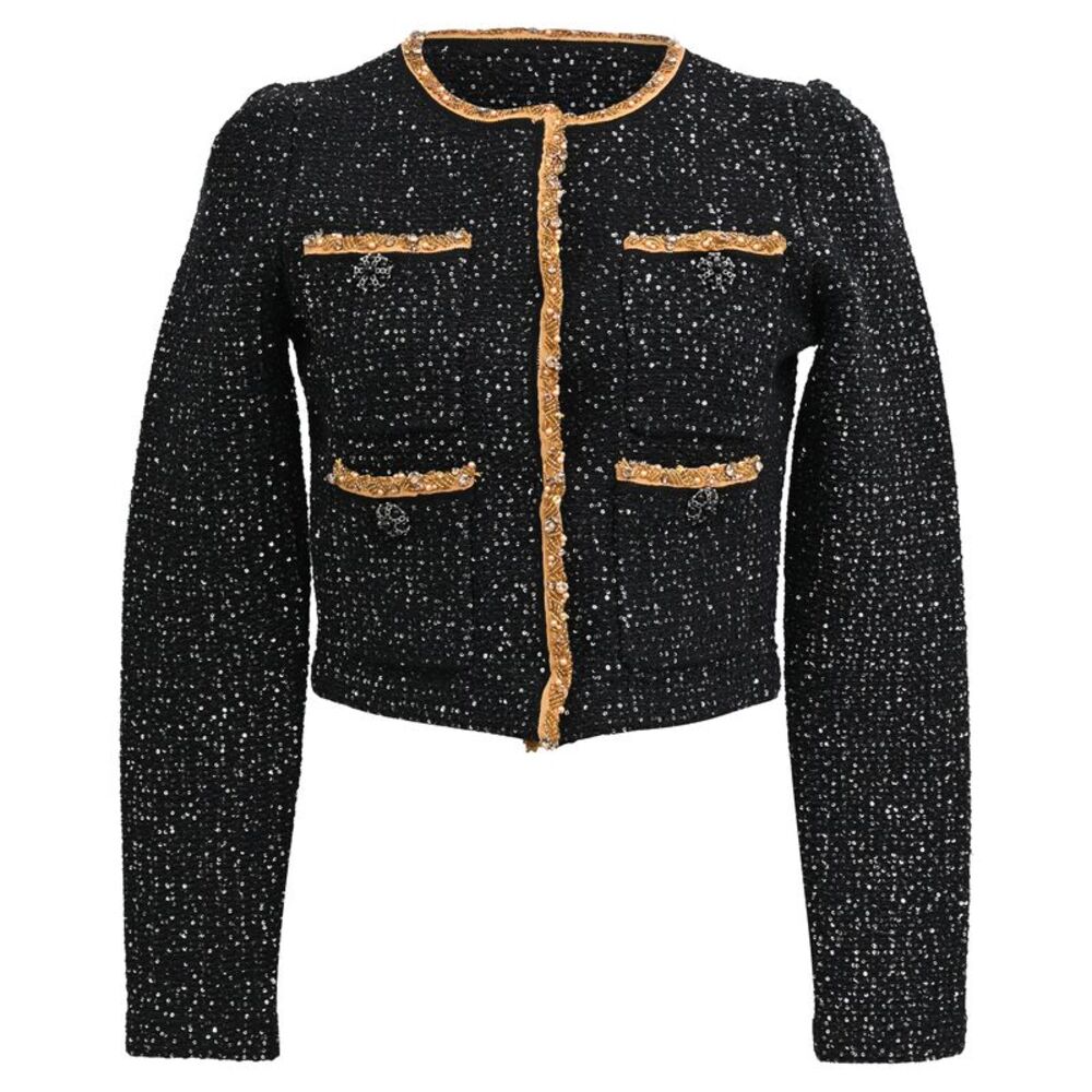 Self-Portrait Sequined Knit Cropped Cardigan in Black Polyester